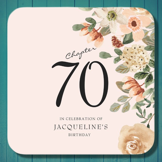 70th Birthday Vintage Floral Square Paper Coaster (70th Birthday paper coasters with floral design. Easily personalized with the template  provided.)