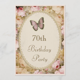70th Birthday Vintage Roses Butterfly, Music Notes Invitation