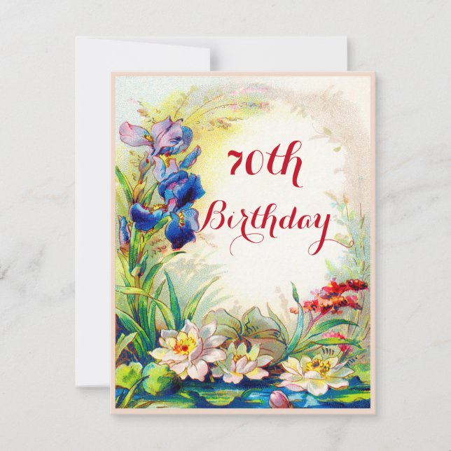 70th Birthday Vintage Waterlilies and Iris Flowers Invitation (Front)