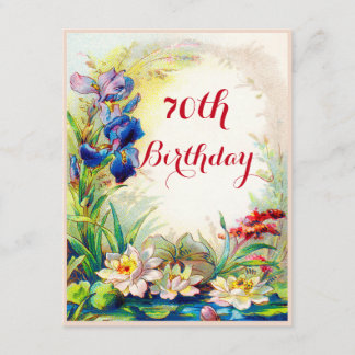 70th Birthday Vintage Waterlilies and Iris Flowers Invitation