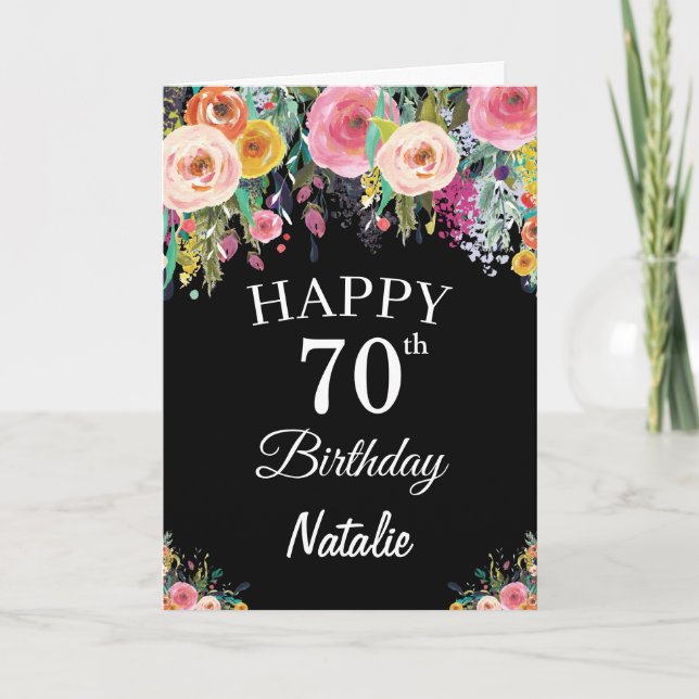 70th Birthday Watercolor Floral Flowers Black Card (Front)