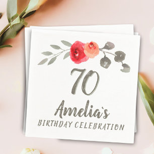 70th Birthday Watercolor Rose Floral Party Napkin