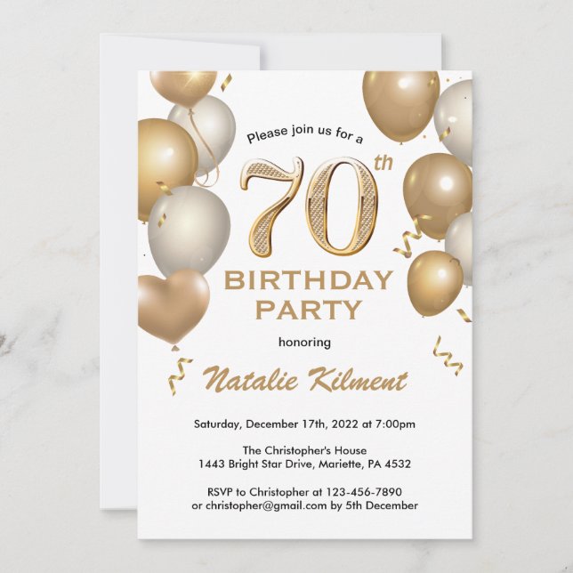 70th Birthday White and Gold Glitter Balloons Invitation (Front)