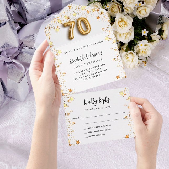 70th birthday white gold stars party RSVP All In One Invitation (Creator Uploaded)