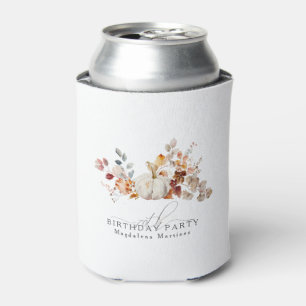 70th Birthday White Pumpkin Fall Flowers Custom Can Cooler