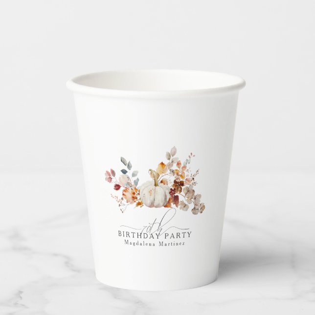 70th Birthday White Pumpkin Fall Flowers Custom Paper Cups (Front)