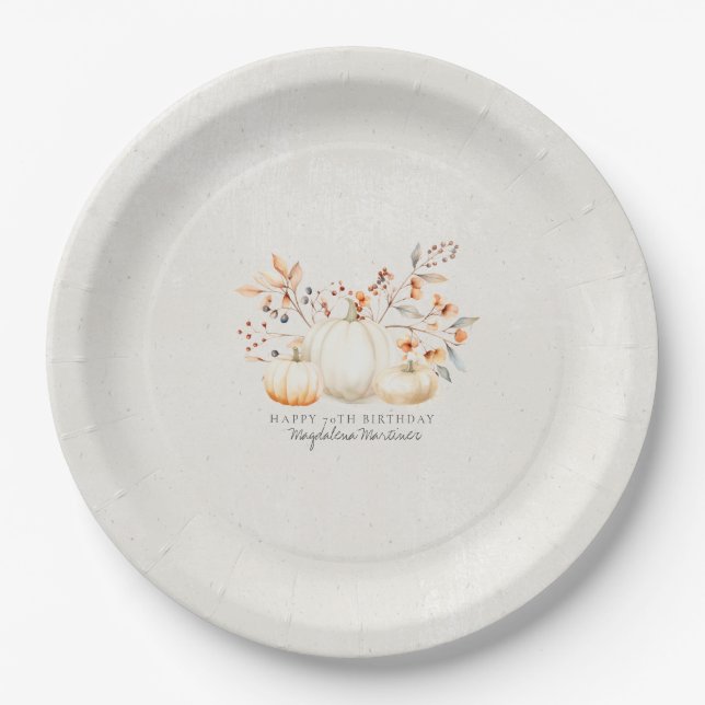70th Birthday White Pumpkin Fall Leaves Custom Paper Plate (Front)