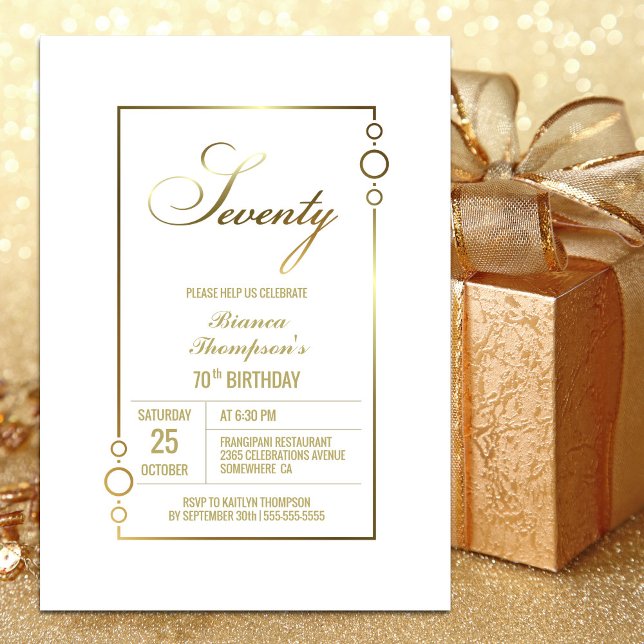 70th Birthday White with Gold Frame Party Invitation (Creator Uploaded)