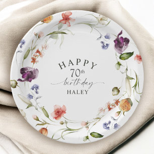 70th Birthday Wildflowers Watercolor Floral Paper Plate
