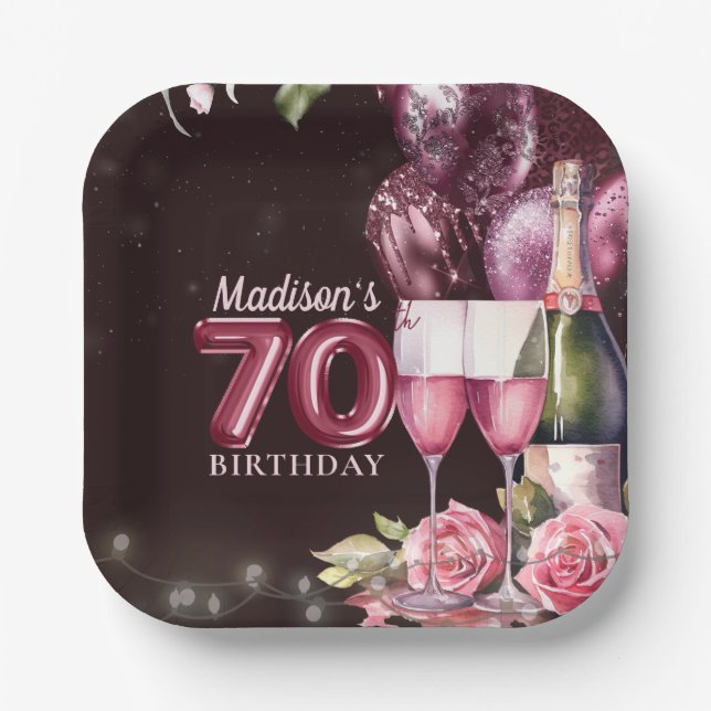 70th Birthday Wine & Balloons Personalised Paper Plate (Front)