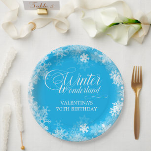 70th Birthday Winter Wonderland Snowflake Blue Paper Plate