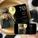 70th | Black & Gold Glitter Photo Birthday  Invitation<br><div class="desc">Celebrate your special day in style with our black and gold glitter balloon birthday invitation! This stunning customisable invitation features a sleek black background with an eye-catching gold balloon and a cascade of gold glitter, creating a sophisticated and festive design that will make your guests feel excited to attend your...</div>