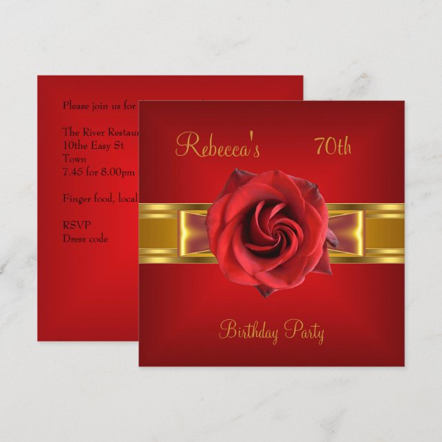 70th Colourful Royal Red Flower Yellow Gold Bow Invitation (Front/Back)