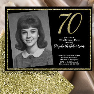 70th Custom Photo Black and Gold  Invitation