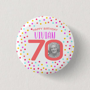 70th custom photo colourful coral confetti 3 cm round badge