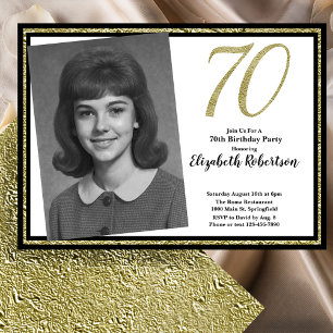 70th Custom Photo White Black and Gold Invitation