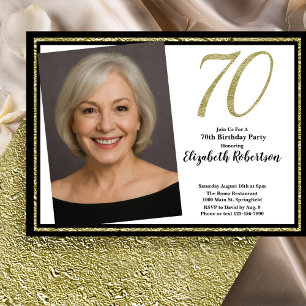 70th Custom Photo White Black and Gold  Invitation