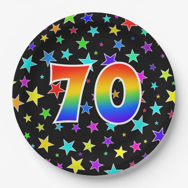 70th Event: Bold, Fun, Colourful Rainbow 70 Paper Plate (Front)