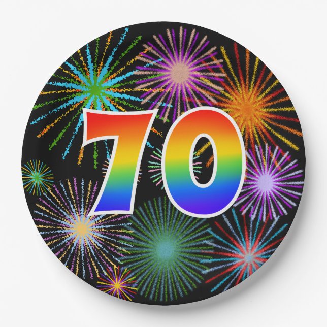 70th Event - Fun, Colourful, Bold, Rainbow 70 Paper Plate (Front)