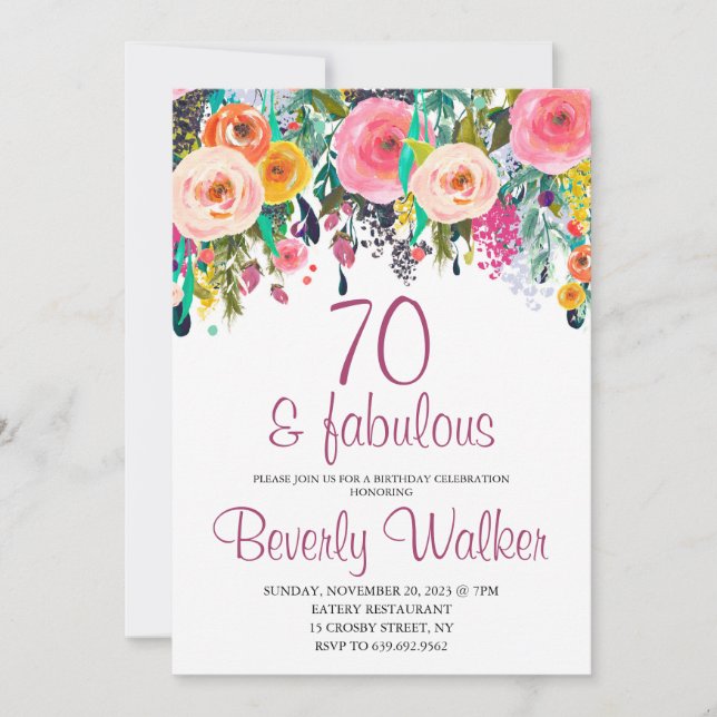 70th Fabulous Floral Watercolor Birthday Party Invitation (Front)