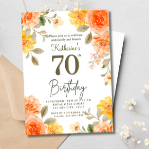 70th Floral Orange Yellow Boho Watercolor Birthday Invitation