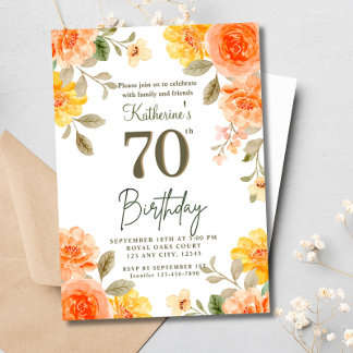 70th Floral Orange Yellow Boho Watercolor Birthday Invitation