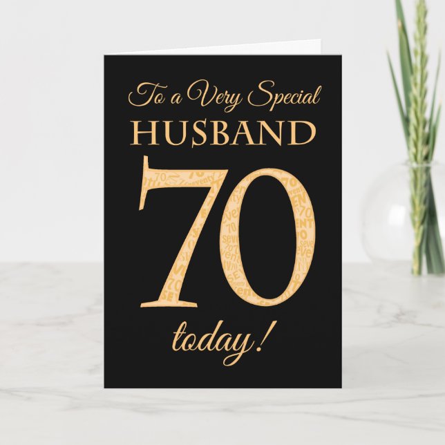 70th Gold-effect on Black, for Husband Birthday Card (Front)