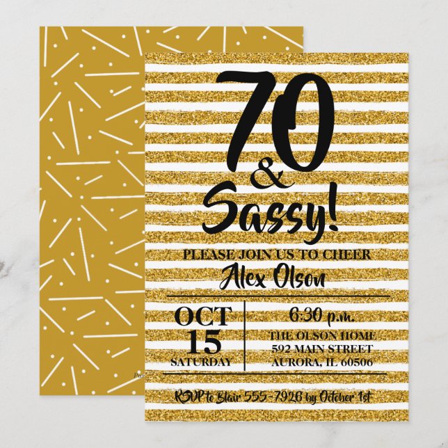 70th Gold Glitter Stripes Birthday Invitations (Front/Back)