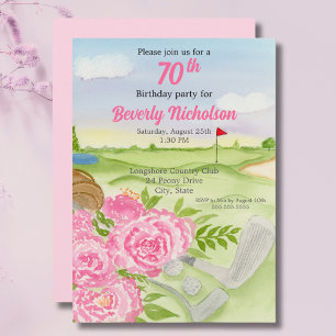 70th Golf Birthday Party Peonies On Golf Course Invitation