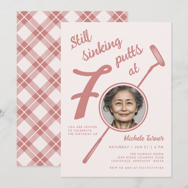 70th Golf Theme Birthday Party Photo Modern Pink Invitation (Front/Back)