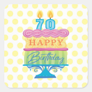 70th Happy Birthday Cake Yellow Dots Square Sticker