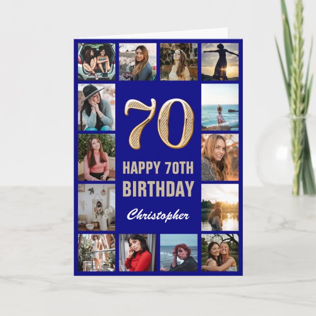70th Happy Birthday Navy Blue & Gold Photo Collage Card (Front)