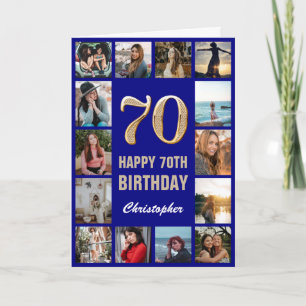 70th Happy Birthday Navy Blue & Gold Photo Collage Card