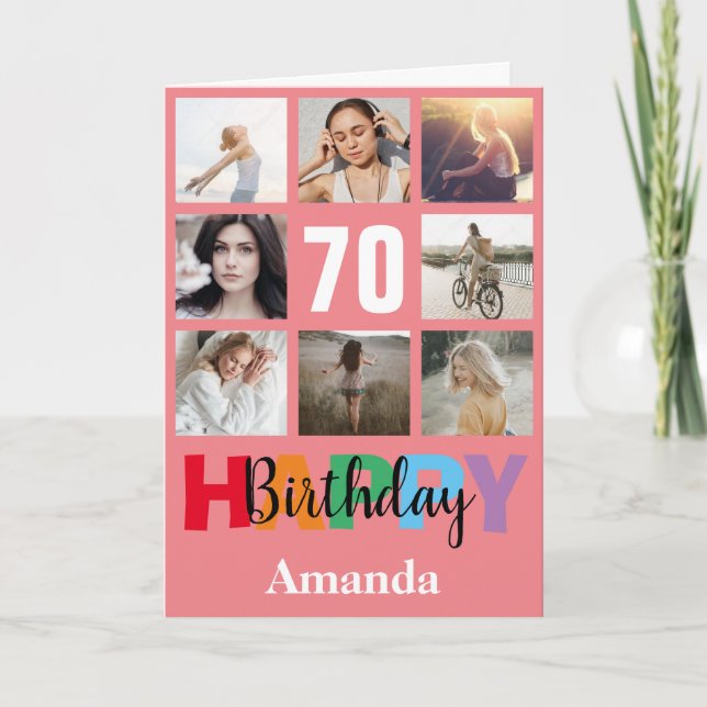 70th Happy Birthday Photo Collage Modern Pink Card (Front)