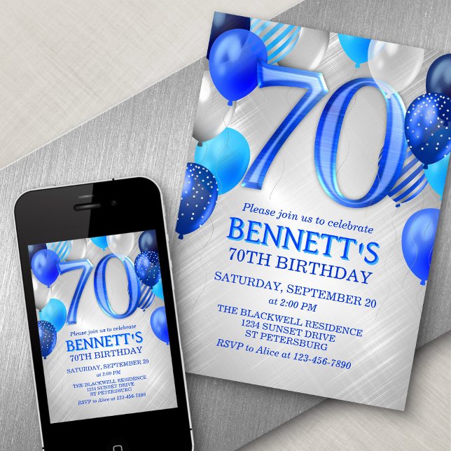 70th Mens Blue Birthday Invitation (Creator Uploaded)