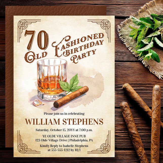 70th Old Fashioned Whiskey Cigar Birthday Party Invitation (Old Fashioned whiskey 70th birthday invitation with vintage masculine style)
