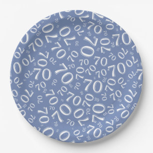 70th Party Random Number Pattern Blue/White Paper Plate