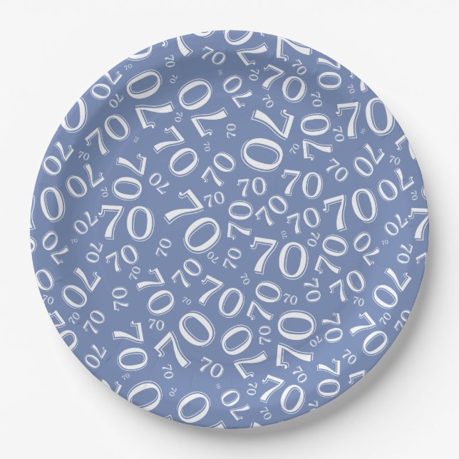 70th Party Random Number Pattern Blue/White Paper Plate (Front)