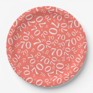 70th Party Random Number Pattern Coral/White Paper Plate