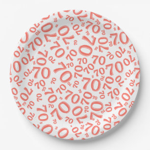 70th Party Random Number Pattern Coral/White Paper Plate