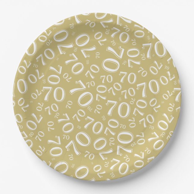 70th Party Random Number Pattern Gold/White Paper Plate (Front)