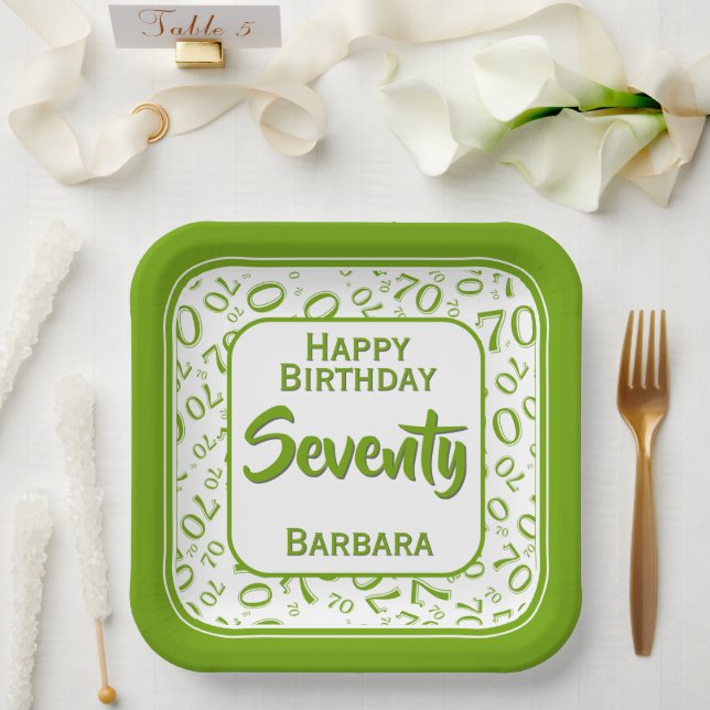 70th Party Random Number Pattern Green/White Paper Plate (Wedding)