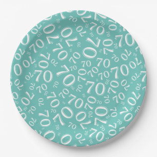 70th Party Random Number Pattern Teal/White Paper Plate