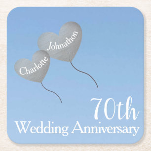 70th platinum anniversary heart balloons in sky square paper coaster
