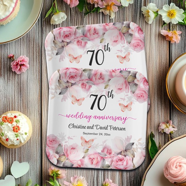70th Platinum Wedding Anniversary Blush Roses Paper Plate (Creator Uploaded)