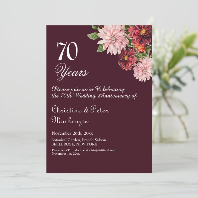 70th Platinum Wedding Anniversary Burgundy Floral Invitation (Standing Front)