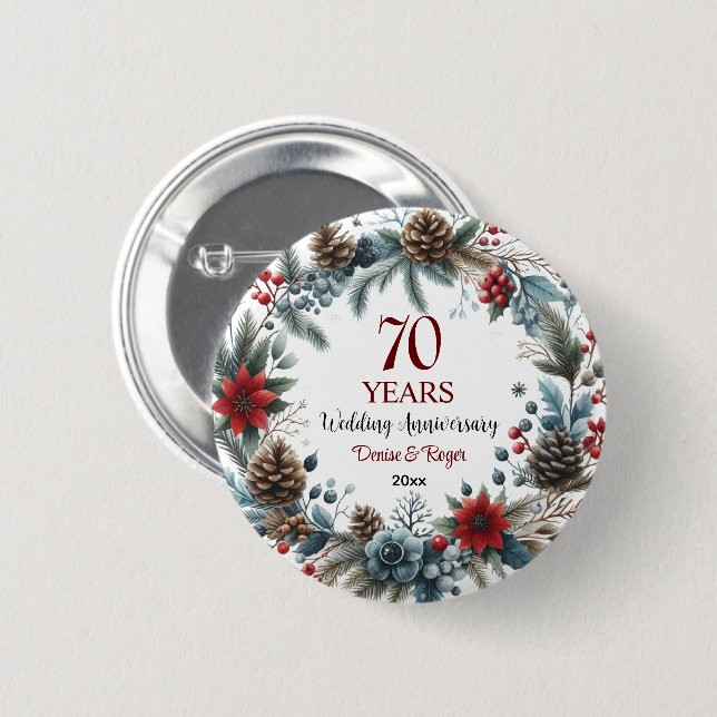 70th Platinum Wedding Anniversary Elegant Winter 6 Cm Round Badge (Front & Back)