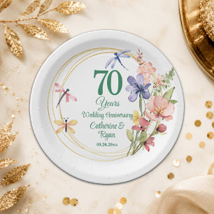 70th Platinum Wedding Anniversary Gold Frame Paper Plate