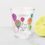 70th Purple Aqua Birthday Balloons Custom Name Shot Glass<br><div class="desc">This 70th birthday themed shot glass features festive balloons with fractal patterns in purple,  aqua,  turquoise,  pink and green. Personalise with a name and age. Designed by world renowned artist ©Tim Coffey.</div>