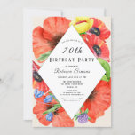 70th Red Poppies Botanical Birthday Party Invitation<br><div class="desc">Pretty 70th birthday botanical design was created using watercolor flowers and custom text for you. The wildflowers you see are buttercups, red poppies and purple clover. The text you see can be customised for your own party needs. On the back of this floral inspired invitation includes a little bouquet of...</div>